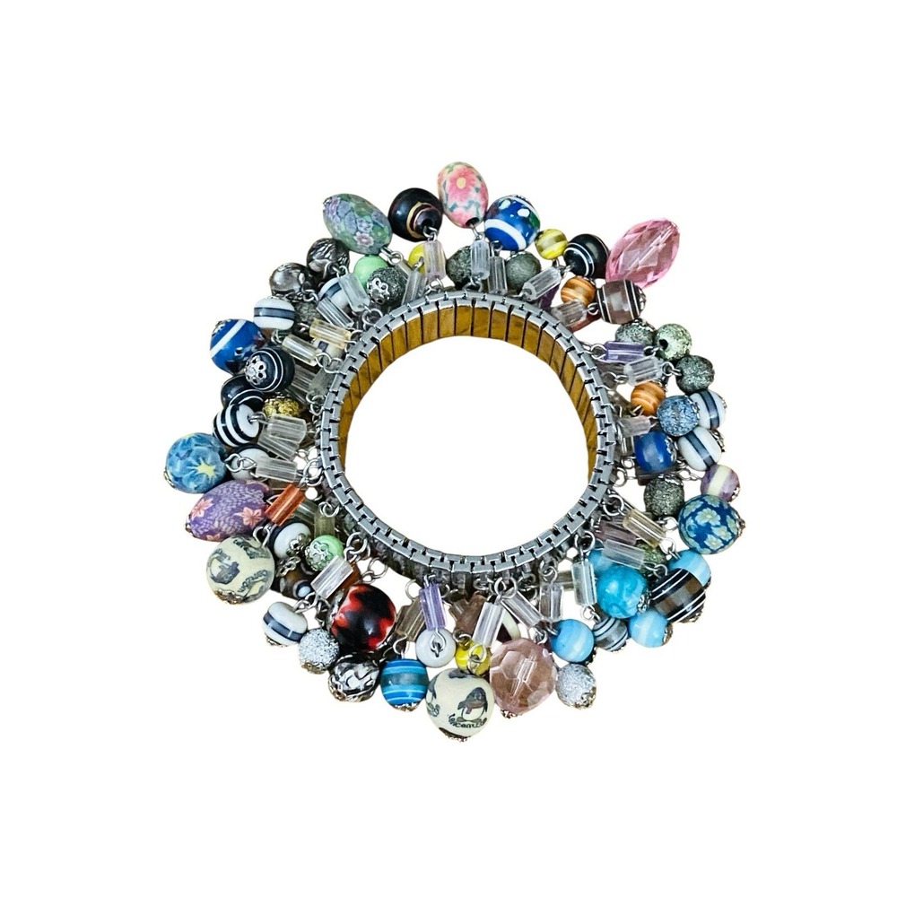 Vintage Boho Designer Beaded Handpainted Cha Cha Stretch Bracelet Glass Acrylic